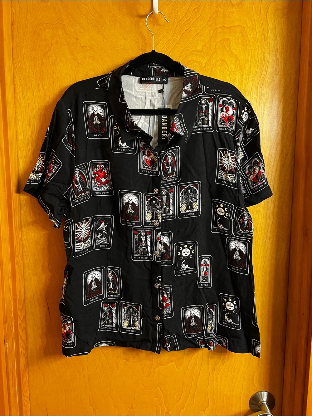Dangerfield Black Tarot Card Print Short Sleeve Button-Up Shirt